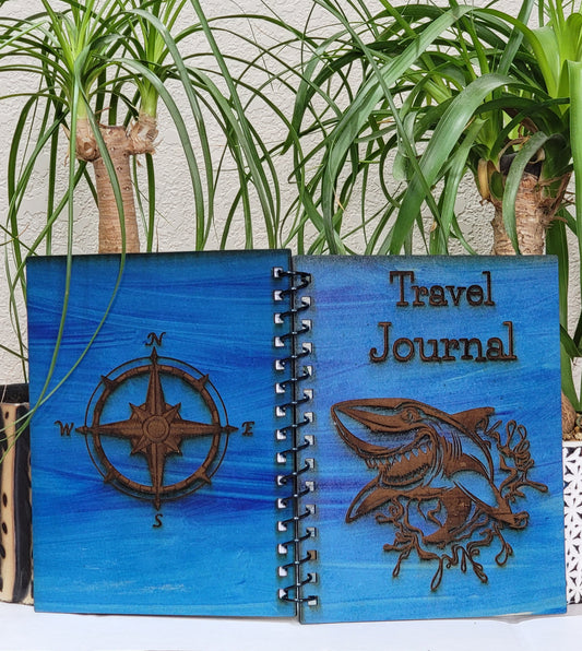Travel Journal w/Shark & Compass - Wooden Notebook